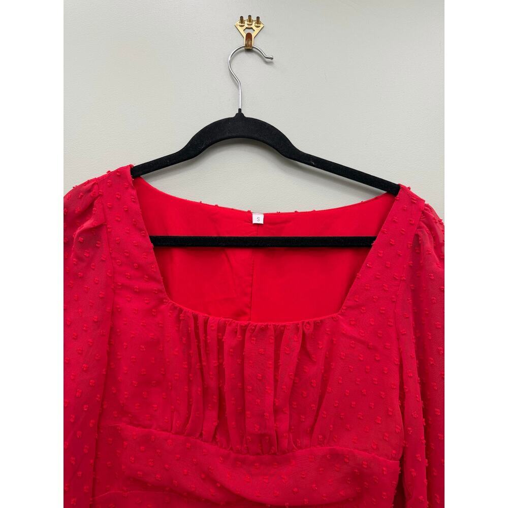 Women's Red Swiss Dot Mini Dress Puff Sleeve Square Neck Size S - Picture 2 of 5